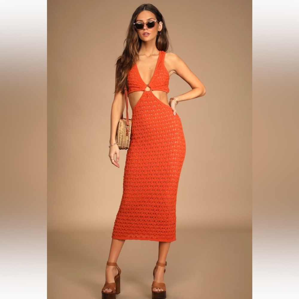 Lulu's Orange Crochet Midi Dress